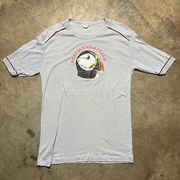 Vintage 70s Puffin Vestmannaeyjar Grey T Shirt - Picture 1 of 5